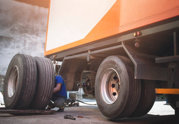 A-Big-Truck-Wheels-and-Tires.-Truck-Spare-Wheels-Tyre-Waiting-For-to-Change.-Trailer-Maintenace-and-Repairing.-A-Big-Truck-Wheels-and-Tires.-Truck-1
