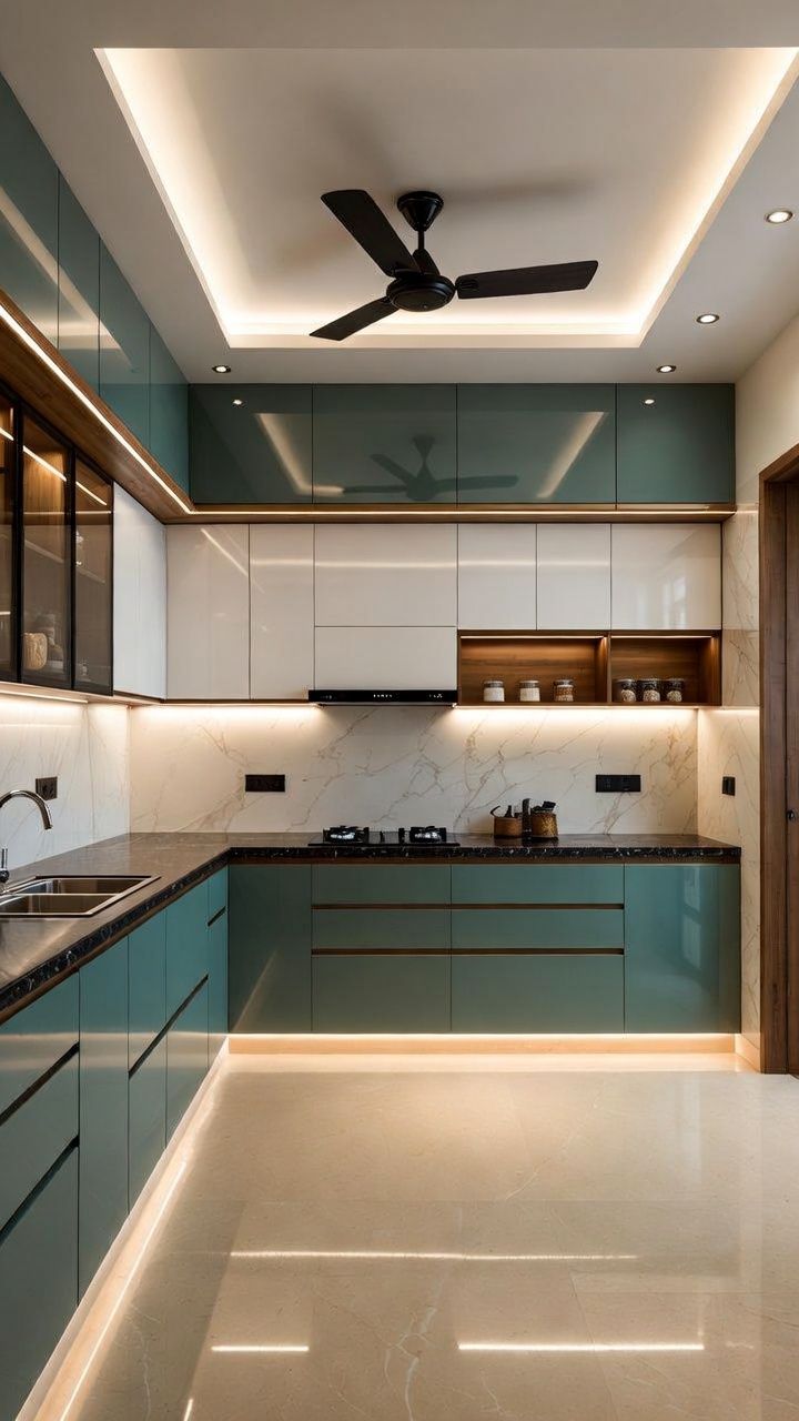 Modern-Matte-Green-Modular-Kitchen-with-Warm-Lighting