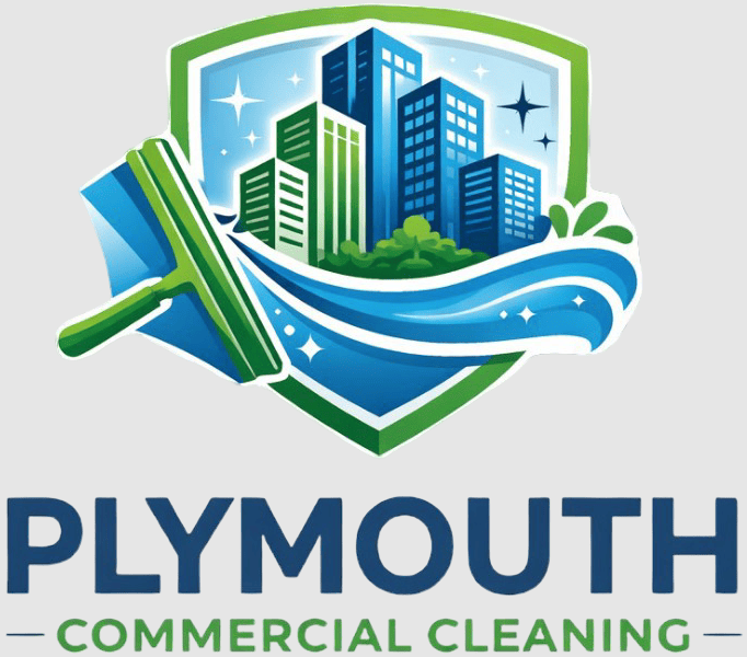 Plymouth-Commercial-Cleaning-Logo-with-City-Buildings-Squeegee-Graphic-Sparkles-and-Company-Name