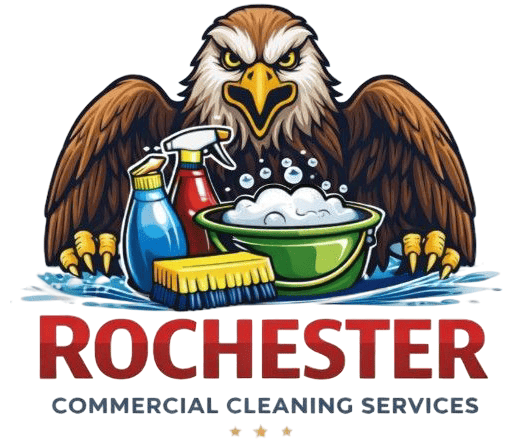 Rochester-Commercial-Cleaning-Services-Logo-with-Eagle-Mascot-Cleaning-Supplies-Soap-Bowl-and-Company-Name-1