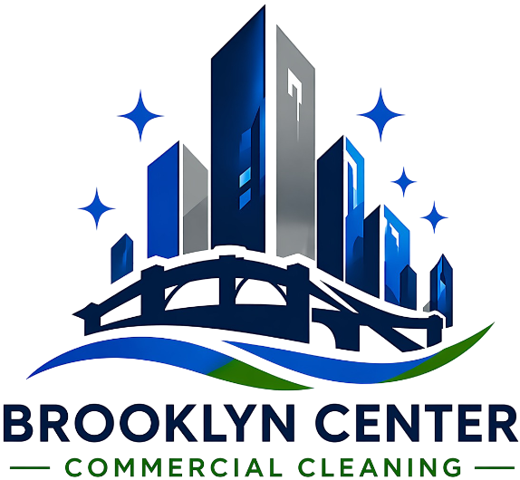 Brooklyn-Center-Commercial-Cleaning-logo-with-modern-skyline-bridge-design-and-sparkling-accents-representing-professional-janitorial-services-in-Brooklyn-Center-MN-1