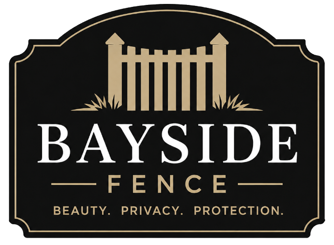 Bayside-Fence-Logo-with-Black-and-Gold-Sign-Emblem-Fence-Graphic-Tagline-and-Company-Name-in-Bayside-WI-1